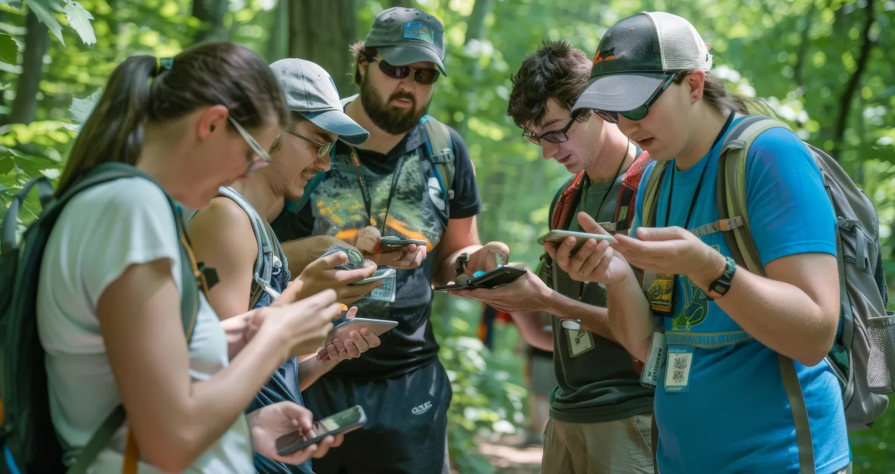 Group of people on a forest path looking at their phones.