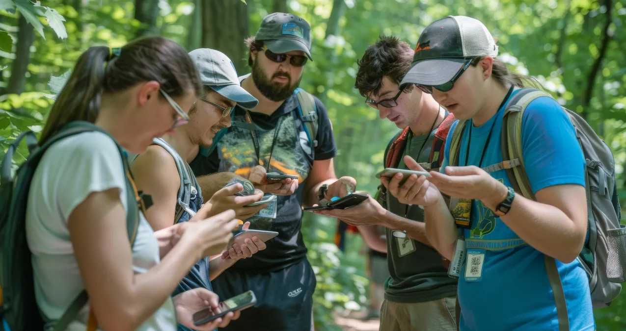 Gruppe von Menschen, die in einem üppigen grünen Wald Smartphones benutzen